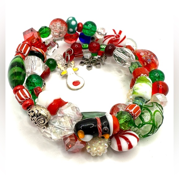 Christmas Beaded Bracelet Wrap Coil Memory Wire Lamp Work Glass Beads Handmade - Picture 11 of 11